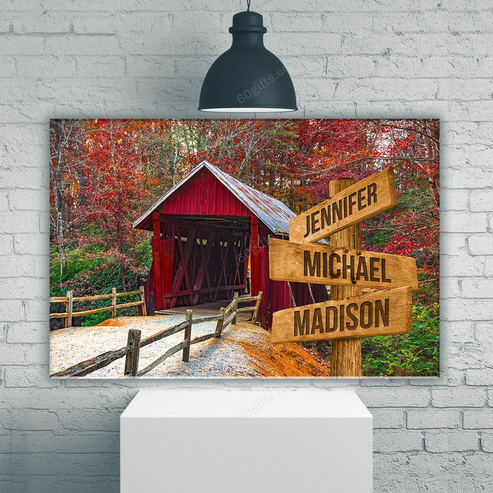 Personalized Valentine's Day Gifts Covered Bridge Anniversary Wedding Present - Customized Multi Names Canvas Print Wall Art Home Decor