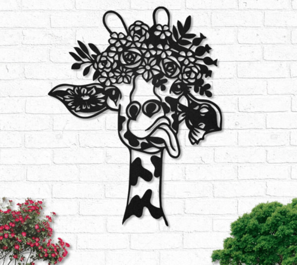 Cute Giraffe Flowers Metal House Sign 12x12IN