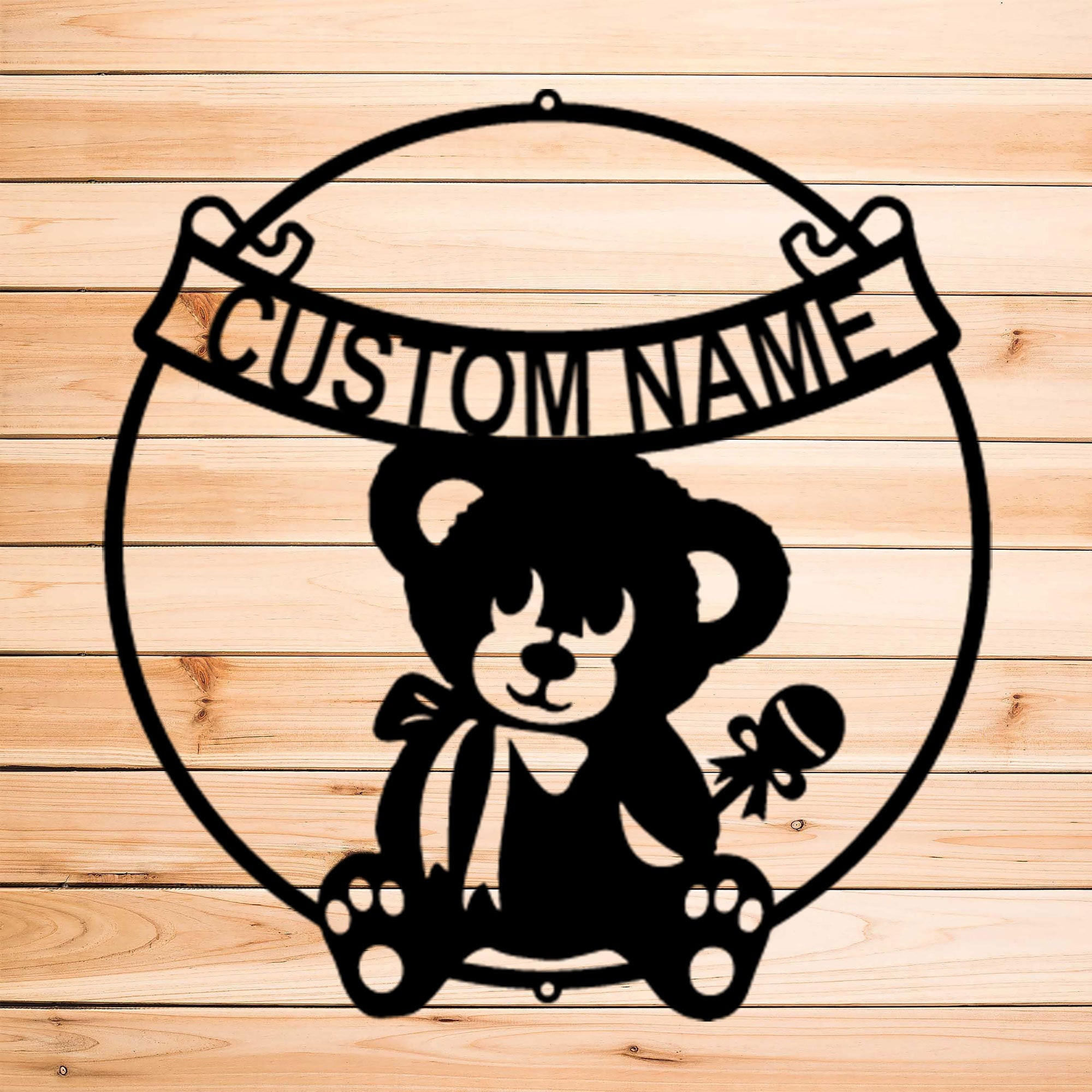 Teddy Bear Baby Banner Personalized Indoor Outdoor Steel Wall Sign Art Unique Baby Shower Nursery Decor Gift For New Mom Child Bedroom Laser Cut Metal Signs Custom Gift Ideas 12x12IN