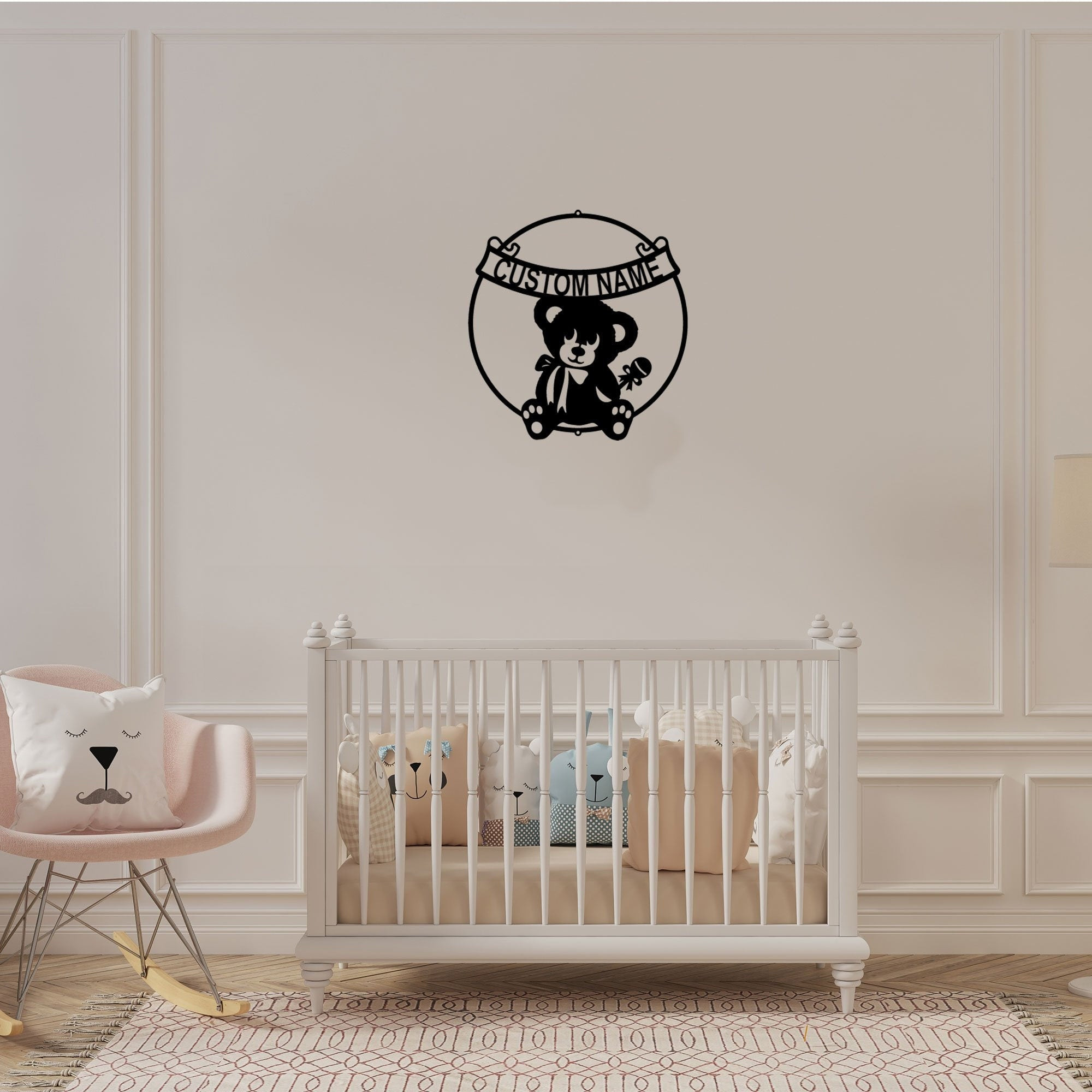 Teddy Bear Baby Banner Personalized Indoor Outdoor Steel Wall Sign Art Unique Baby Shower Nursery Decor Gift For New Mom Child Bedroom Laser Cut Metal Signs Custom Gift Ideas 14x14IN