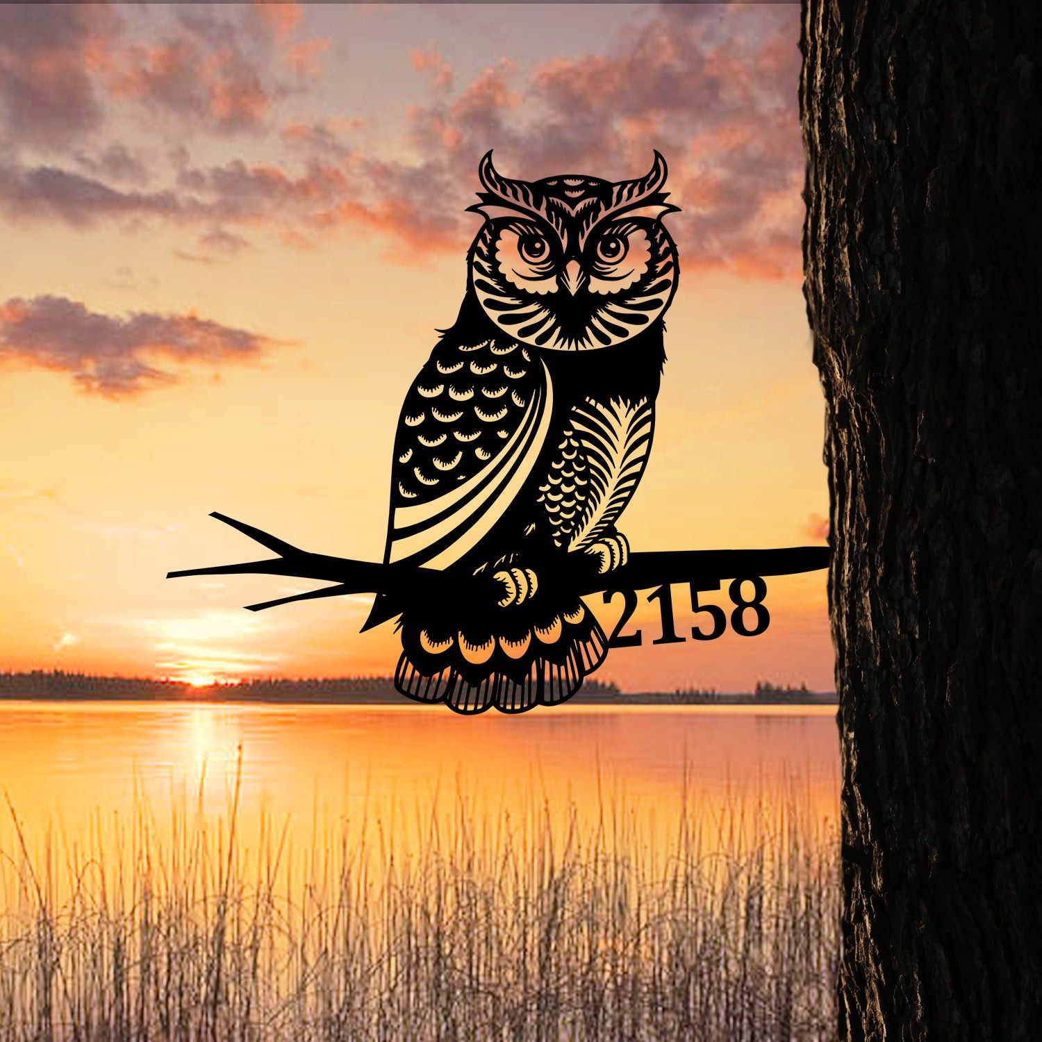 Personalized Address Owl Metal Tree Stake, Owl Bird Decor Laser Cut Metal Signs Custom Gift Ideas 18x18IN