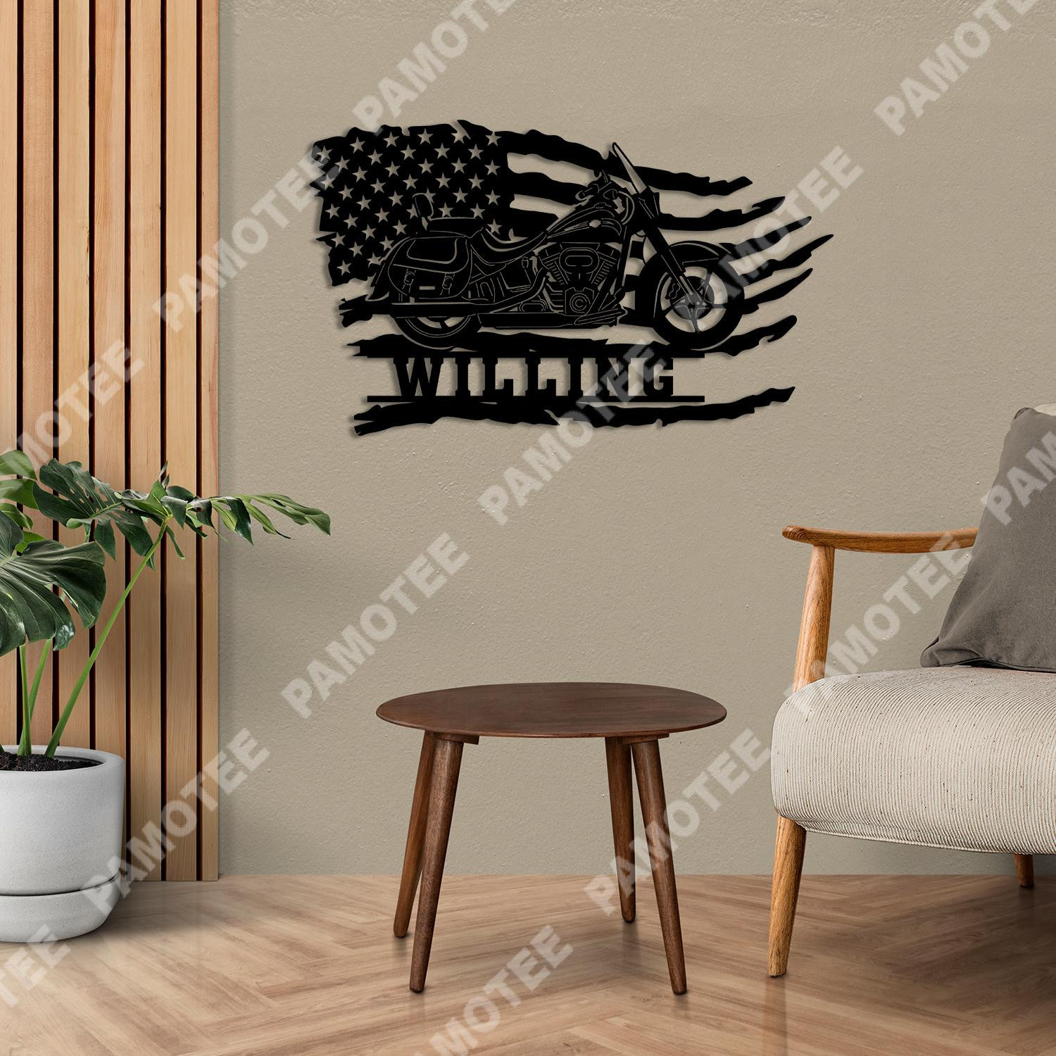 Custom Motorcycle With American Flag Cool Metal Art, Patriot Gift, Metal Laser Cut Metal Signs Custom Gift Ideas 14x14IN