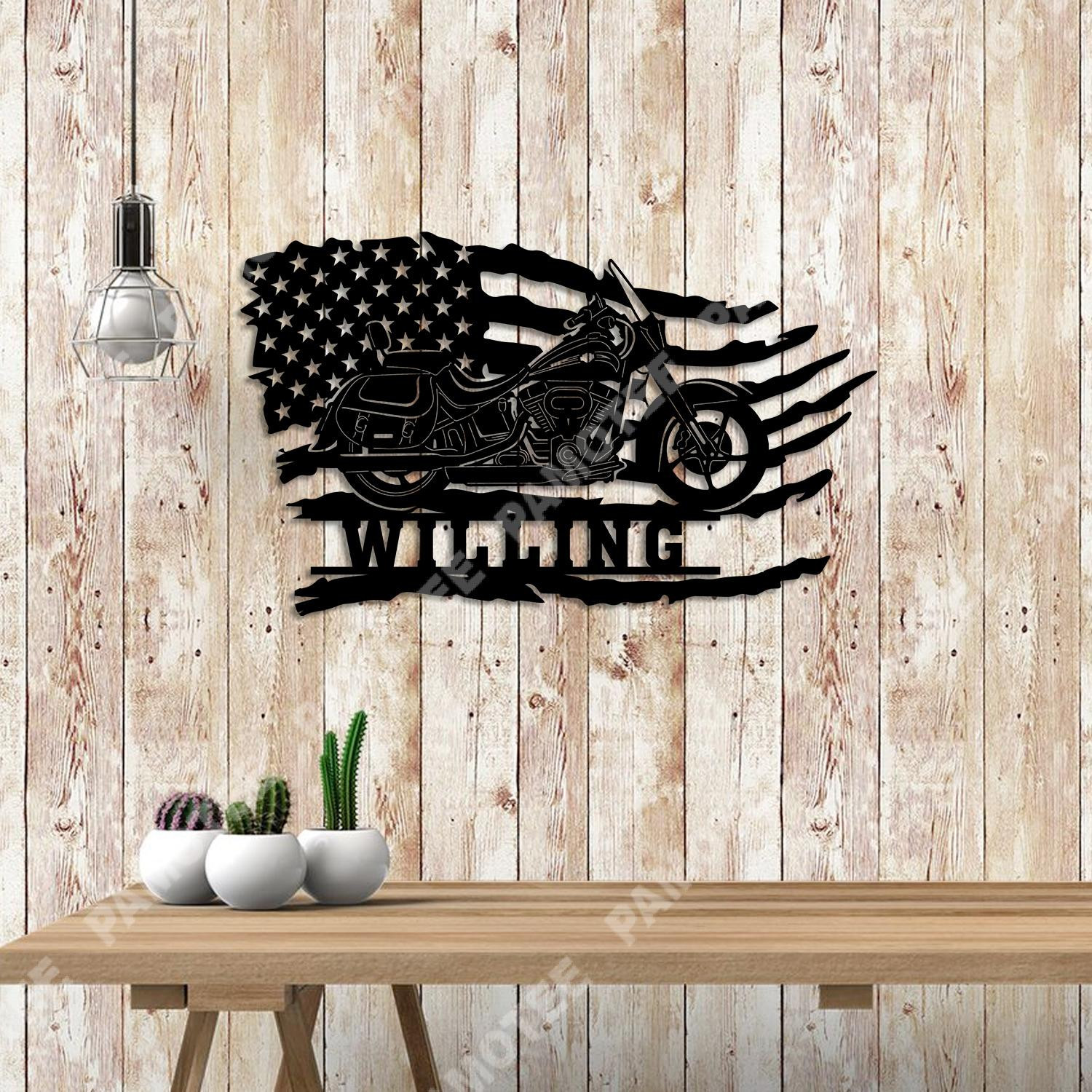 Custom Motorcycle With American Flag Cool Metal Art, Patriot Gift, Metal Laser Cut Metal Signs Custom Gift Ideas 18x18IN