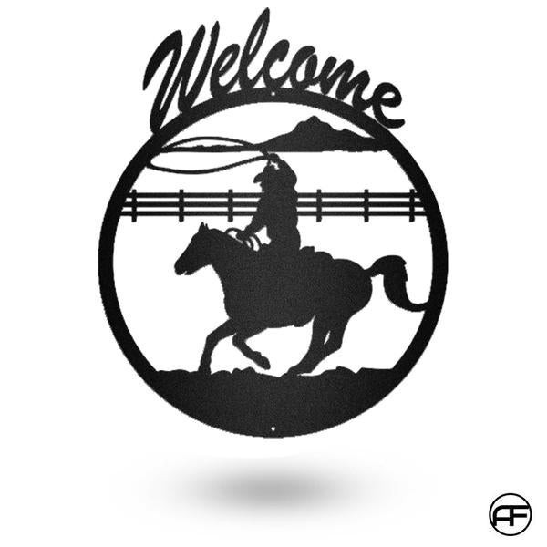 Welcome Horse Cowboy, Personalized Horse Metal Sign, Horseshoe Art, Western Decor, Initial Metal Sign, Housewarming Gift, Afculture Metal Wall Art, Metal Laser Cut Metal Signs Custom Gift Ideas 12x12IN