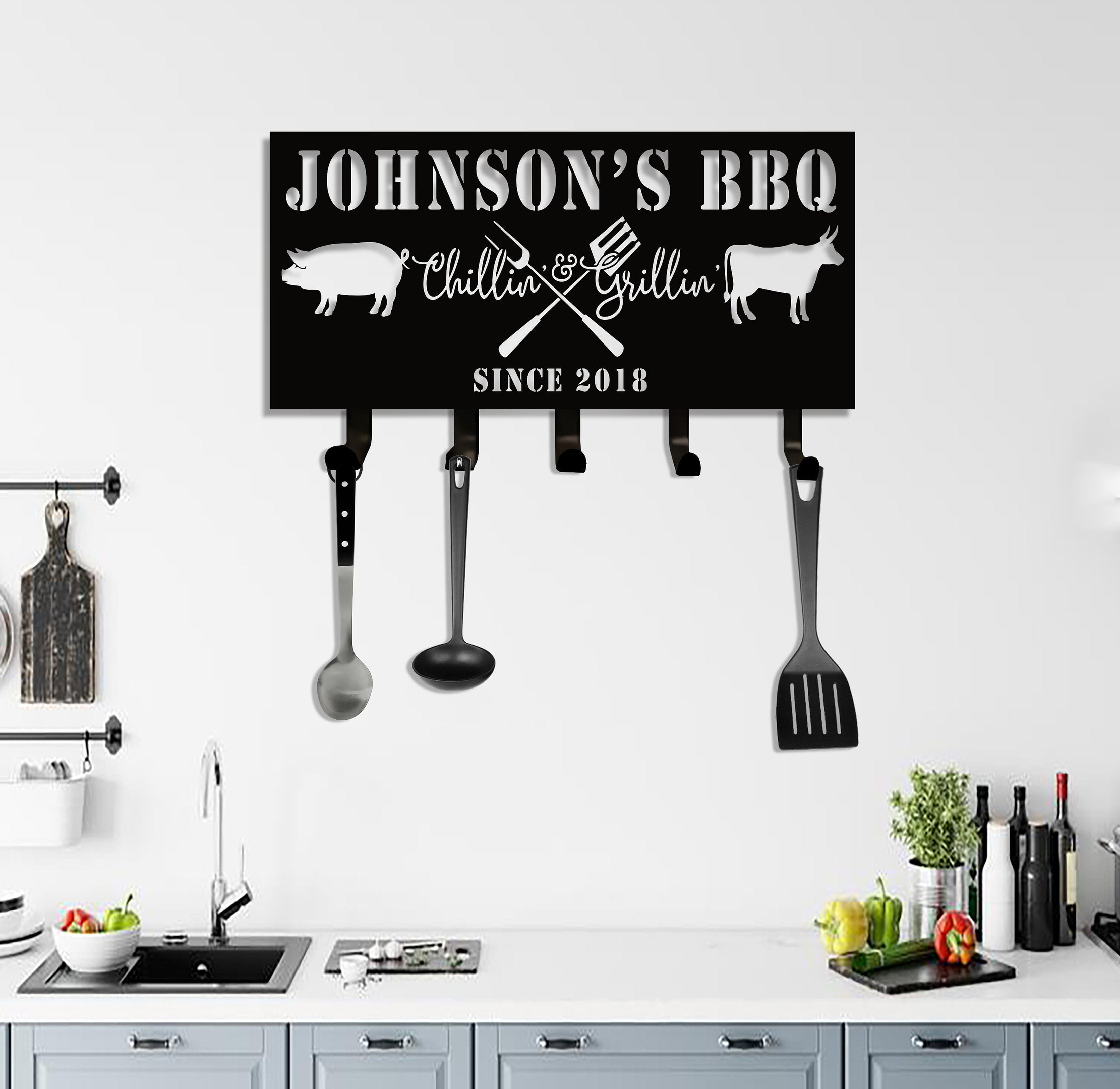 Personalized Bar Grill Kitchenware Holder Metal Sign, Kitchen Decor, Bar Grill Decor, Chillin And Grillin, Custom Name, Gift For Mom, Laser Cut Metal Signs Custom Gift Ideas 12x12IN