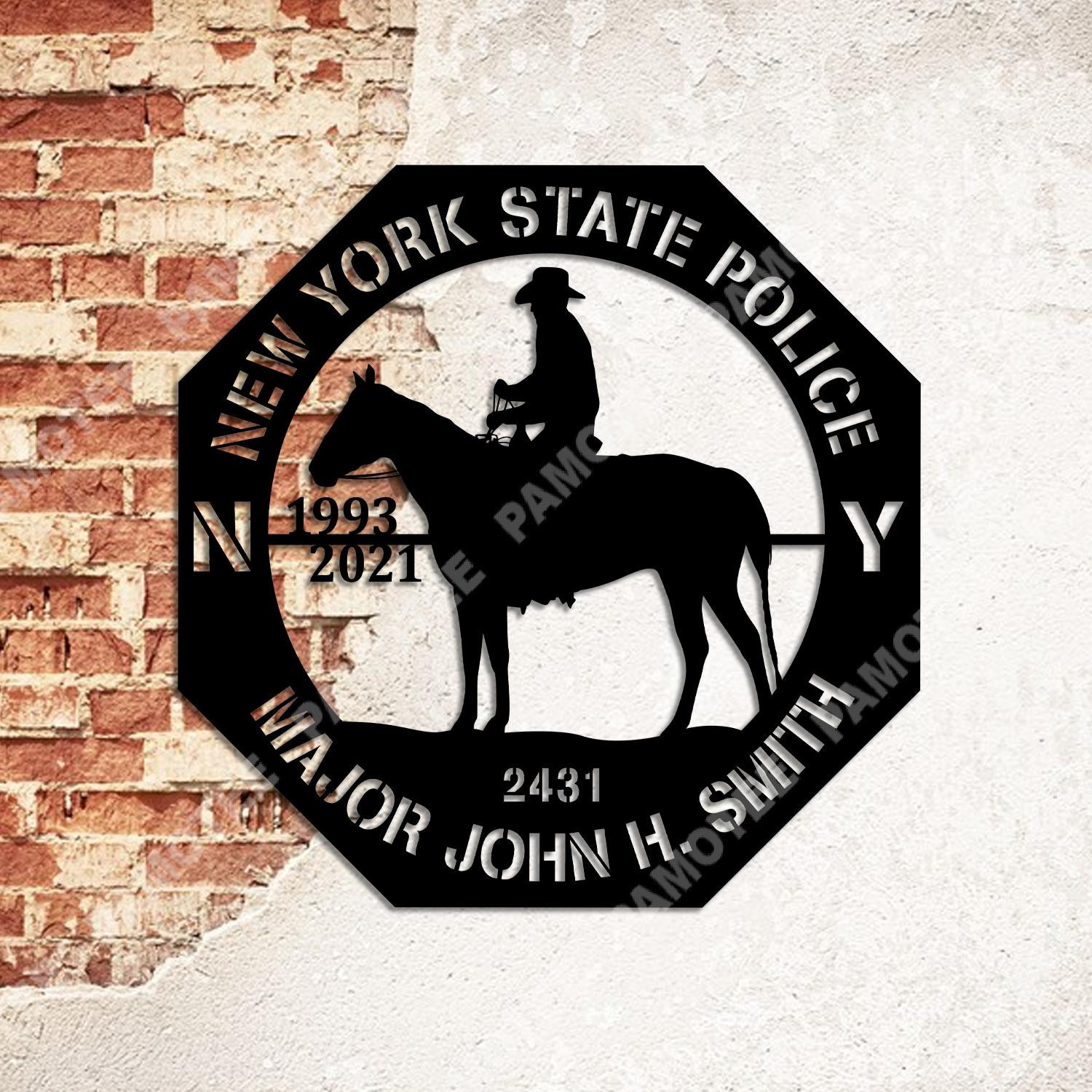 Custom Sheriff Riding Horse Metal Sign Monogram, Newyork Police Decor, Metal Laser Cut Metal Signs Custom Gift Ideas 18x18IN
