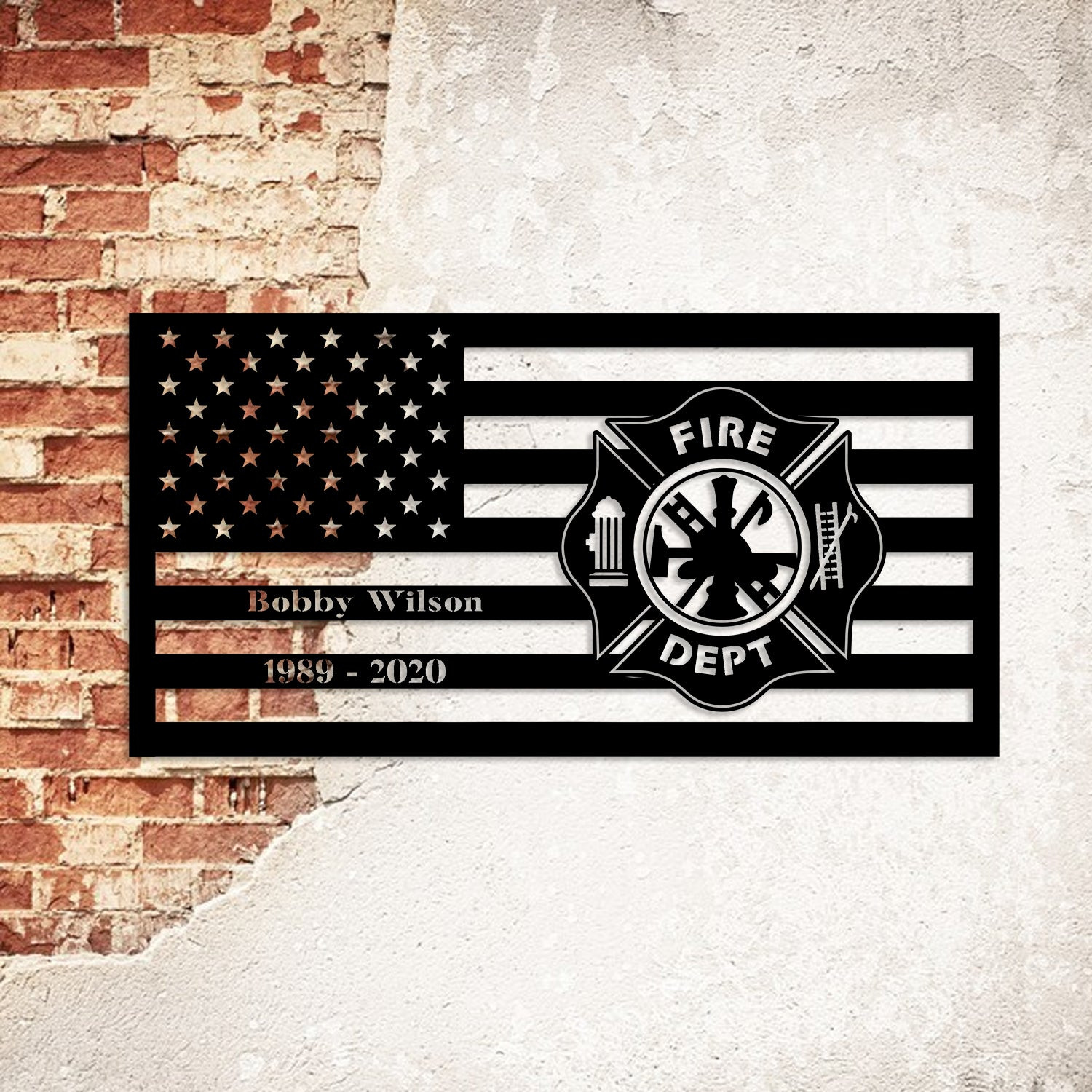 Custom Name Date Retired Firefighter Logo Metal Sign, American Flag Wall Hanging, Metal Laser Cut Metal Signs Custom Gift Ideas 18x18IN