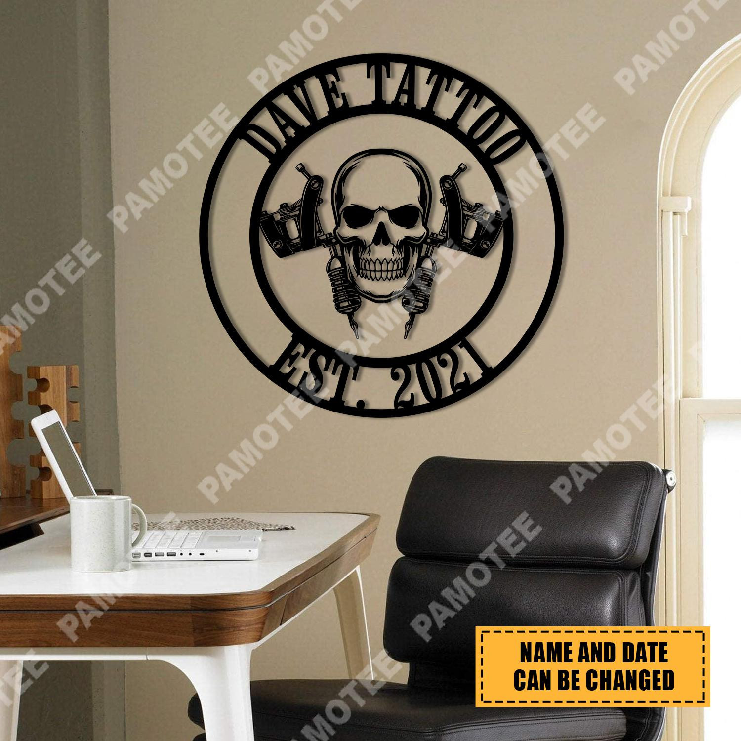 Custom Name And Est Date Skull Tattoo Artist Metal Sign, Steel Wall Hanging, Metal Laser Cut Metal Signs Custom Gift Ideas 12x12IN