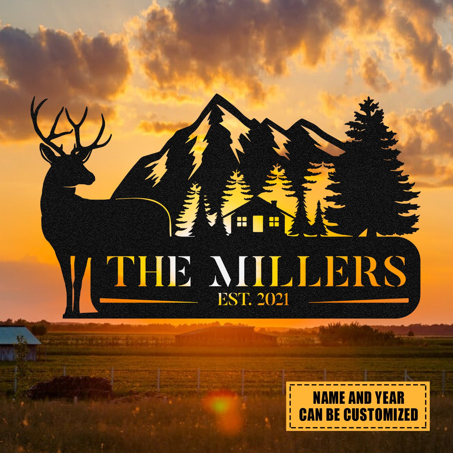 Personalized Family Name Deer Hunting Hunter Metal Sign, Custom Outdoor Farm, Cabin, Lodge, Camp, Metal Laser Cut Metal Signs Custom Gift Ideas 12x12IN