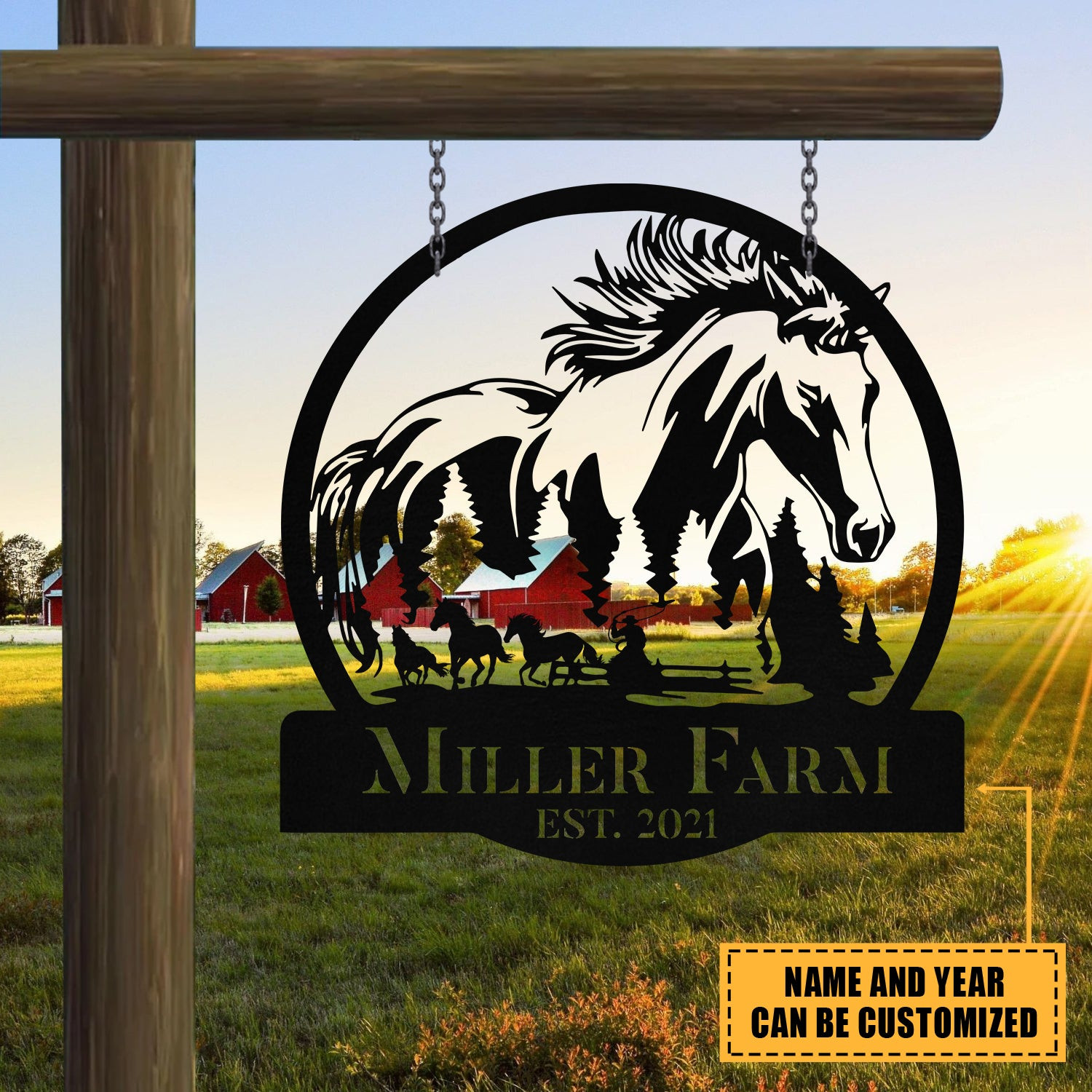Personalized Metal Horse Sign Monogram, Custom Outdoor Farm, Metal Laser Cut Metal Signs Custom Gift Ideas 14x14IN