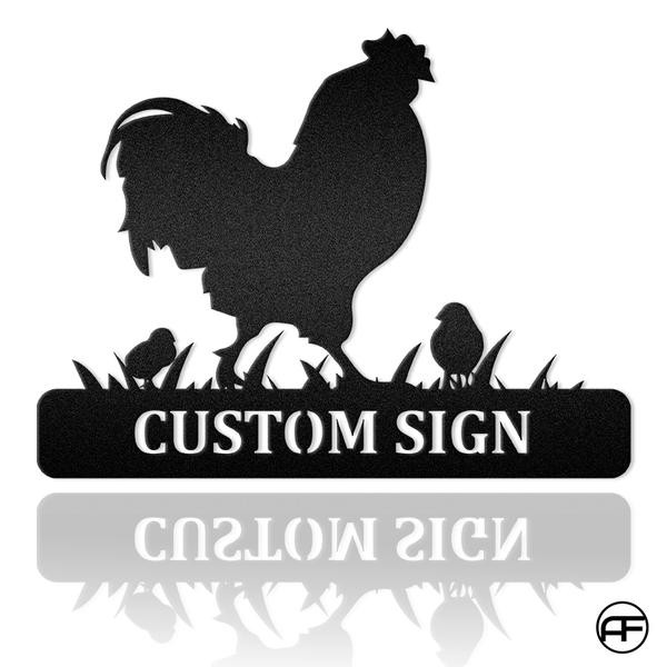 (up To 4 Chicks) Rooster And Chicks Custom Name Metal Sign Farmhouse Decor Afculture Metal Wall Art, Metal Laser Cut Metal Signs Custom Gift Ideas 14x14IN