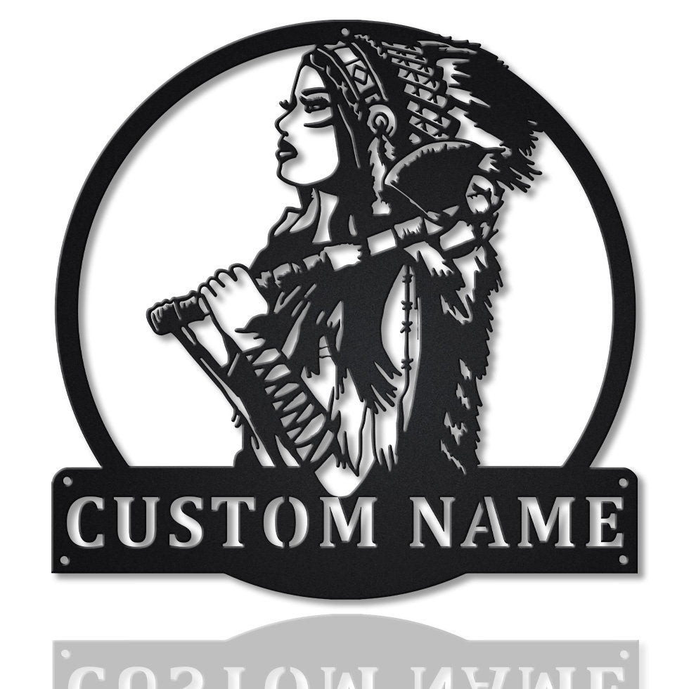 Personalized Native American Warrior Girl Metal Sign Art , Custom Native American Metal Sign , Warrior Girl Sign Decoration For Living Room, Laser Cut Metal Signs Custom Gift Ideas 12x12IN