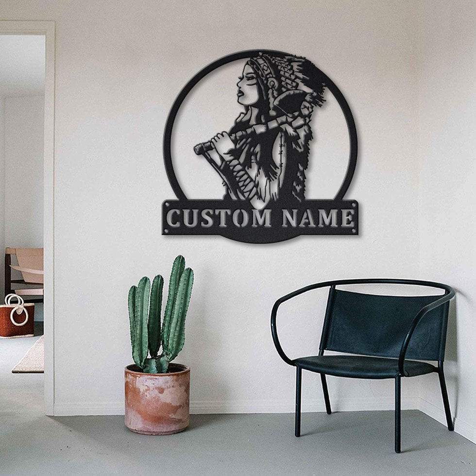 Personalized Native American Warrior Girl Metal Sign Art , Custom Native American Metal Sign , Warrior Girl Sign Decoration For Living Room, Laser Cut Metal Signs Custom Gift Ideas 14x14IN
