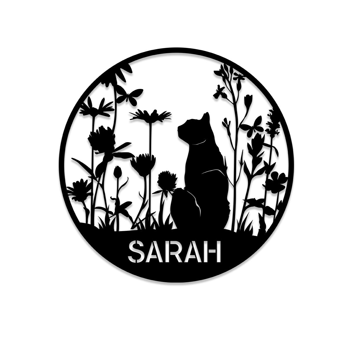 Personalized Cat In Garden Metal Sign, Wall Decor, Wedding, Anniversary Gift For Cat Lovers, Metal Laser Cut Metal Signs Custom Gift Ideas 18x18IN
