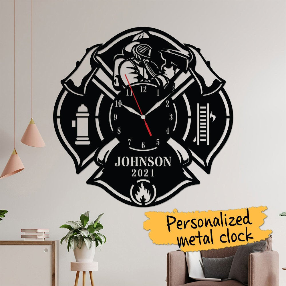 Personalized Clock Metal Wall, Metal Large Wall Clock, Firefighter Clock Metal Signs, Unique Home Decor, Horloge Murale, Housewarming Gift, Laser Cut Metal Signs Custom Gift Ideas 12x12IN