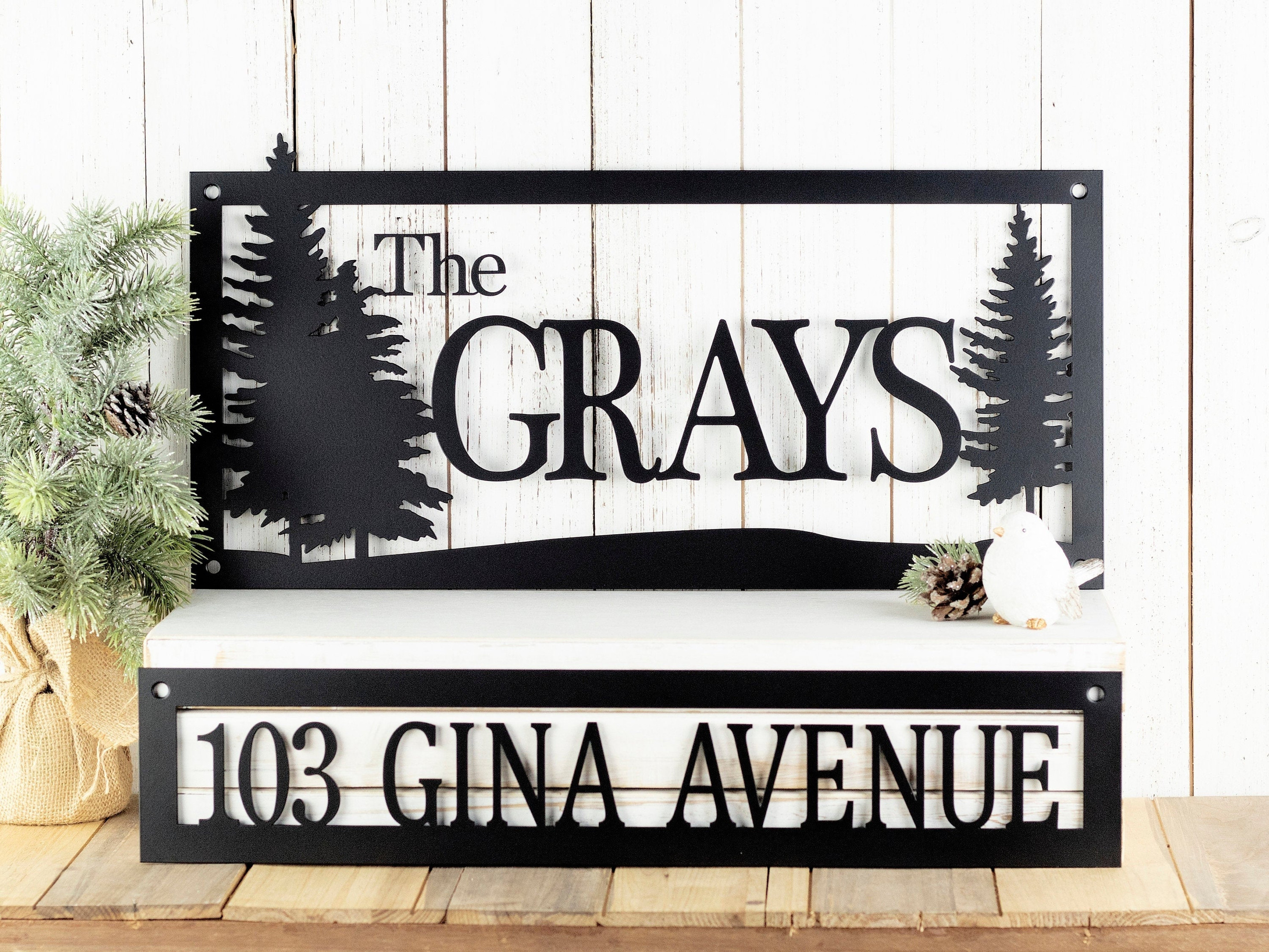 Custom Name And Address Metal Sign, Pine Trees, Outdoor Sign, Metal Wall Art, House Number, Address Plaque, Family Name, Laser Cut Metal Signs Custom Gift Ideas 12x12IN