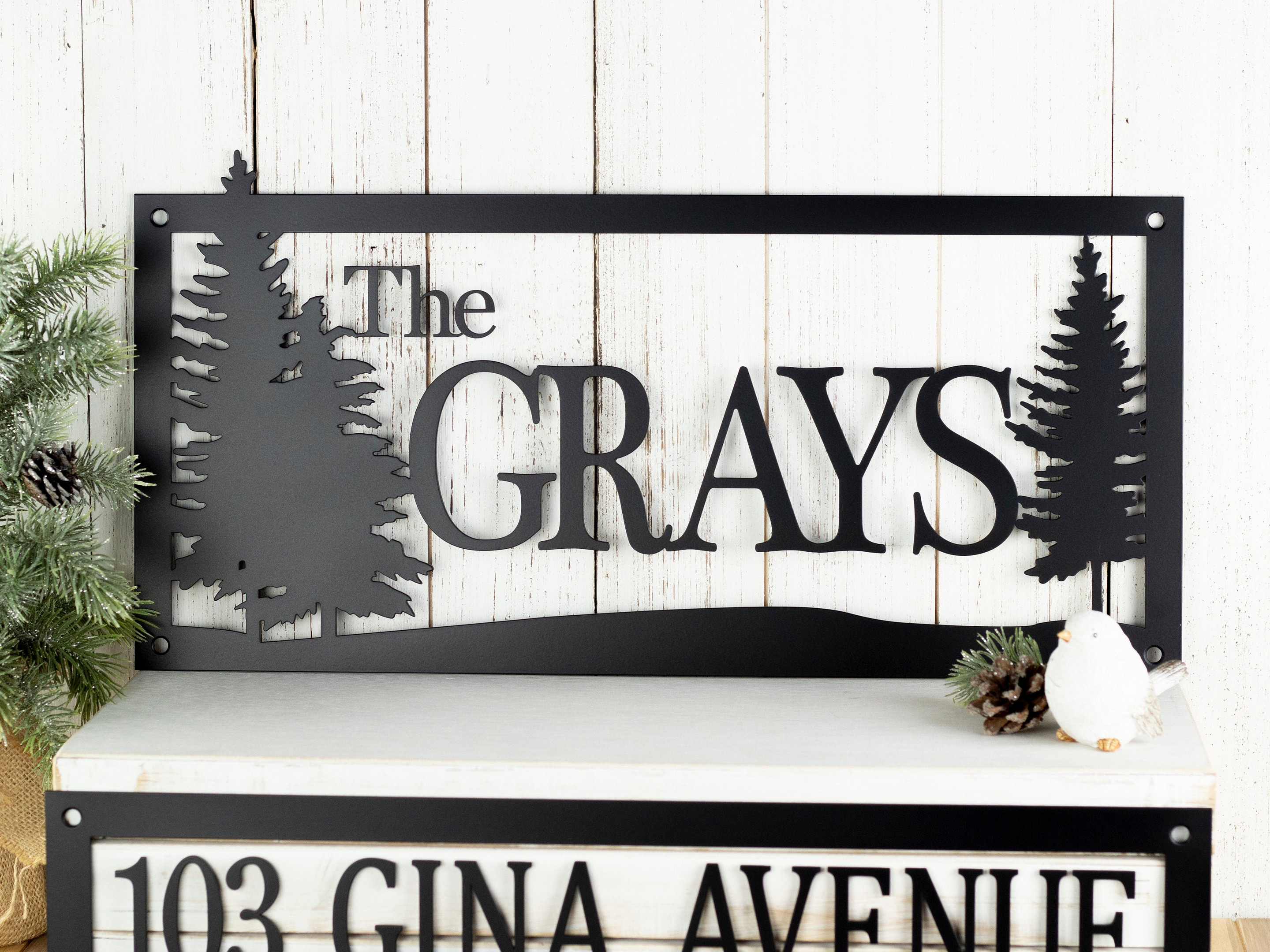 Custom Name And Address Metal Sign, Pine Trees, Outdoor Sign, Metal Wall Art, House Number, Address Plaque, Family Name, Laser Cut Metal Signs Custom Gift Ideas 14x14IN