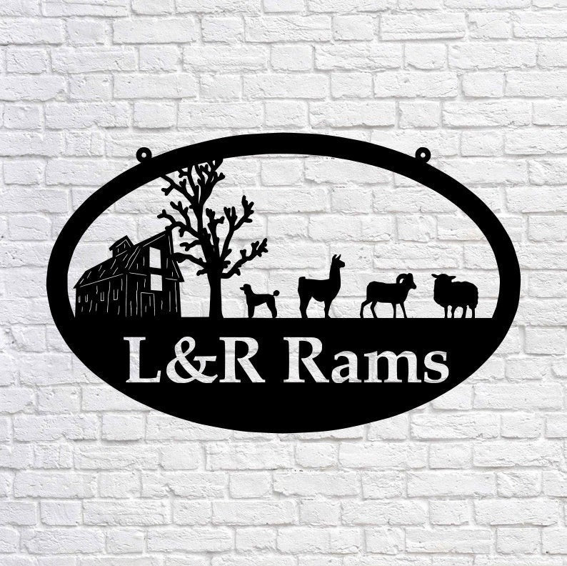Metal Farm Sign , Barn And Llama, Dog, Ram, And Sheep Personalized Family Name Metal Sign Wedding Gift Personalized Gift, Laser Cut Metal Signs Custom Gift Ideas 12x12IN