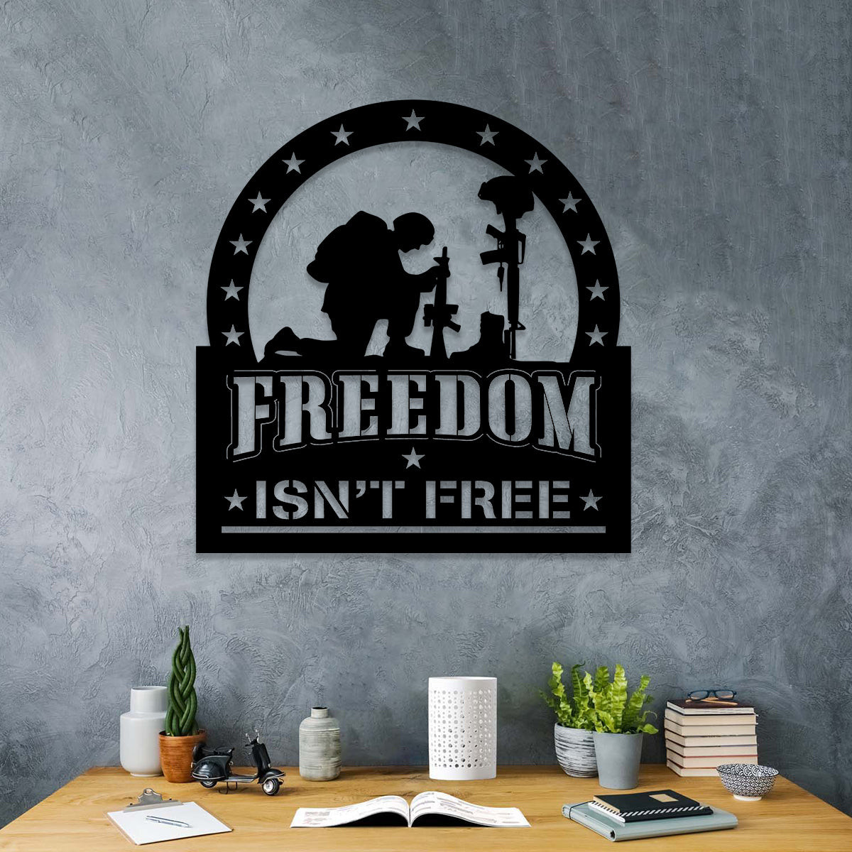 Freedom Isn't Free Kneeling Soldier Veteran Metal Sign, Metal Laser Cut Metal Signs Custom Gift Ideas 14x14IN