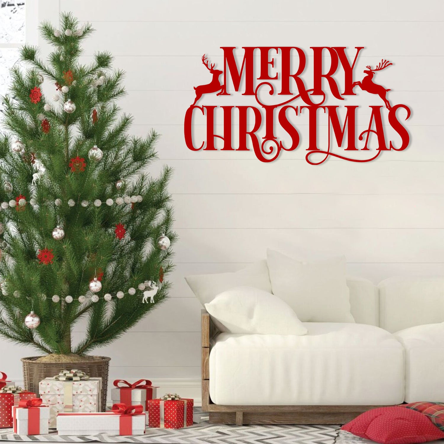 Merry Christmas Word Reindeer Metal Art, Caribou Steel Wall Hanging, Metal Laser Cut Metal Signs Custom Gift Ideas 12x12IN