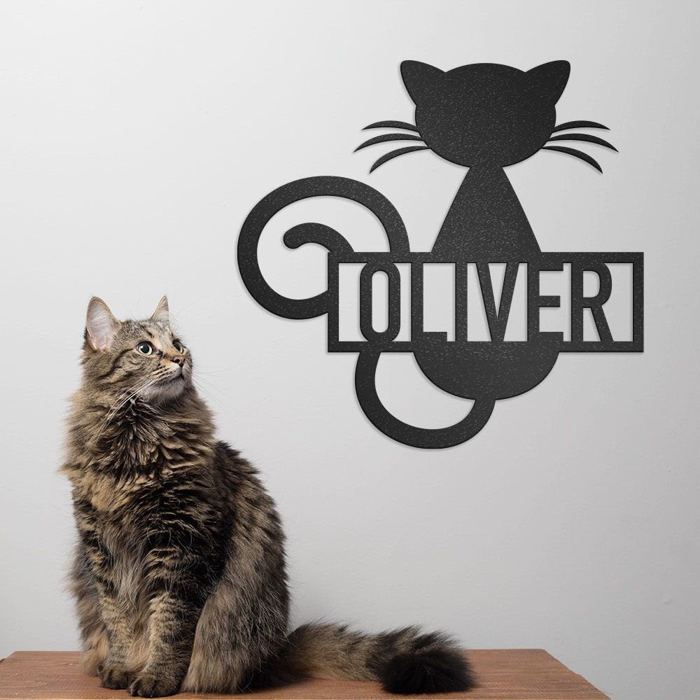 Personalized Cat Metal Wall Art, Cat Signs With Name, Curly Tailed Cat Sitting, House Decor, Gift For Cat Lover, Wall Decor, Laser Cut Metal Signs Custom Gift Ideas 12x12IN
