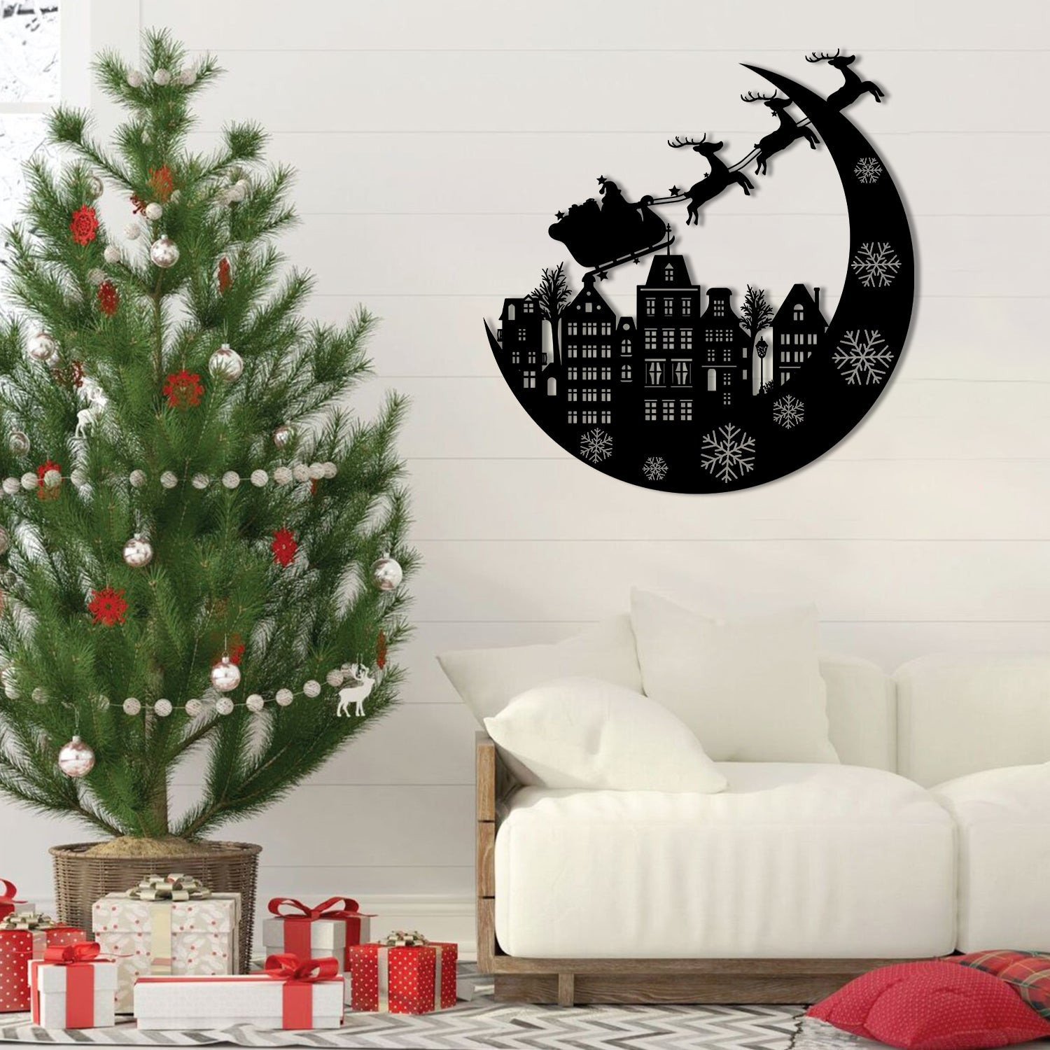 Flying Sleigh In City Christmas Metal Art, Santa Claus Home Decor, Metal Laser Cut Metal Signs Custom Gift Ideas 12x12IN