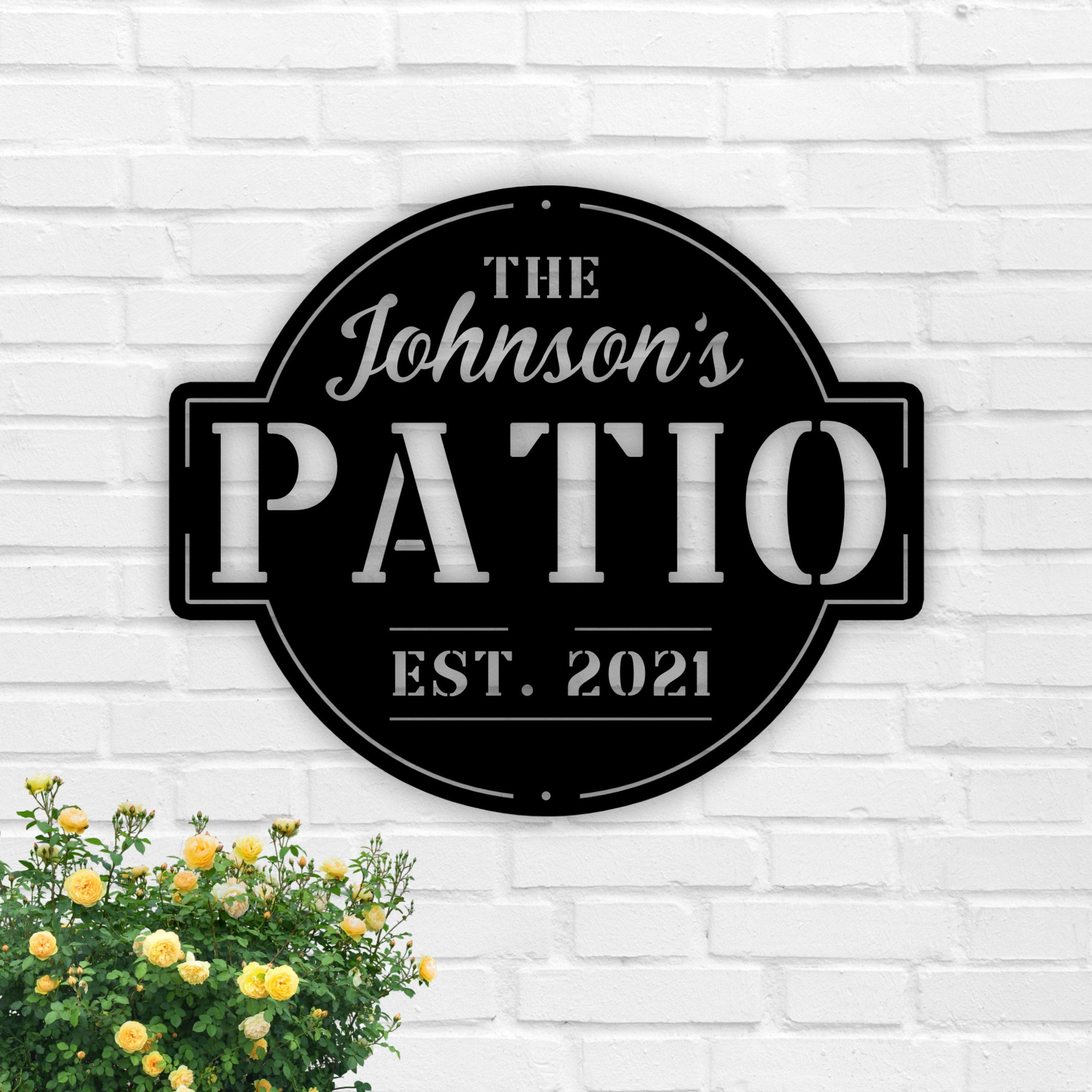 RosabellaPrint Personalized Family Name Patio Metal Sign, Welcome To The Patio Established Date Metal Sign, Personalized Patio Sign, Outdoor Patio Sign Laser Cut Metal Signs Custom Gift Ideas 12x12IN