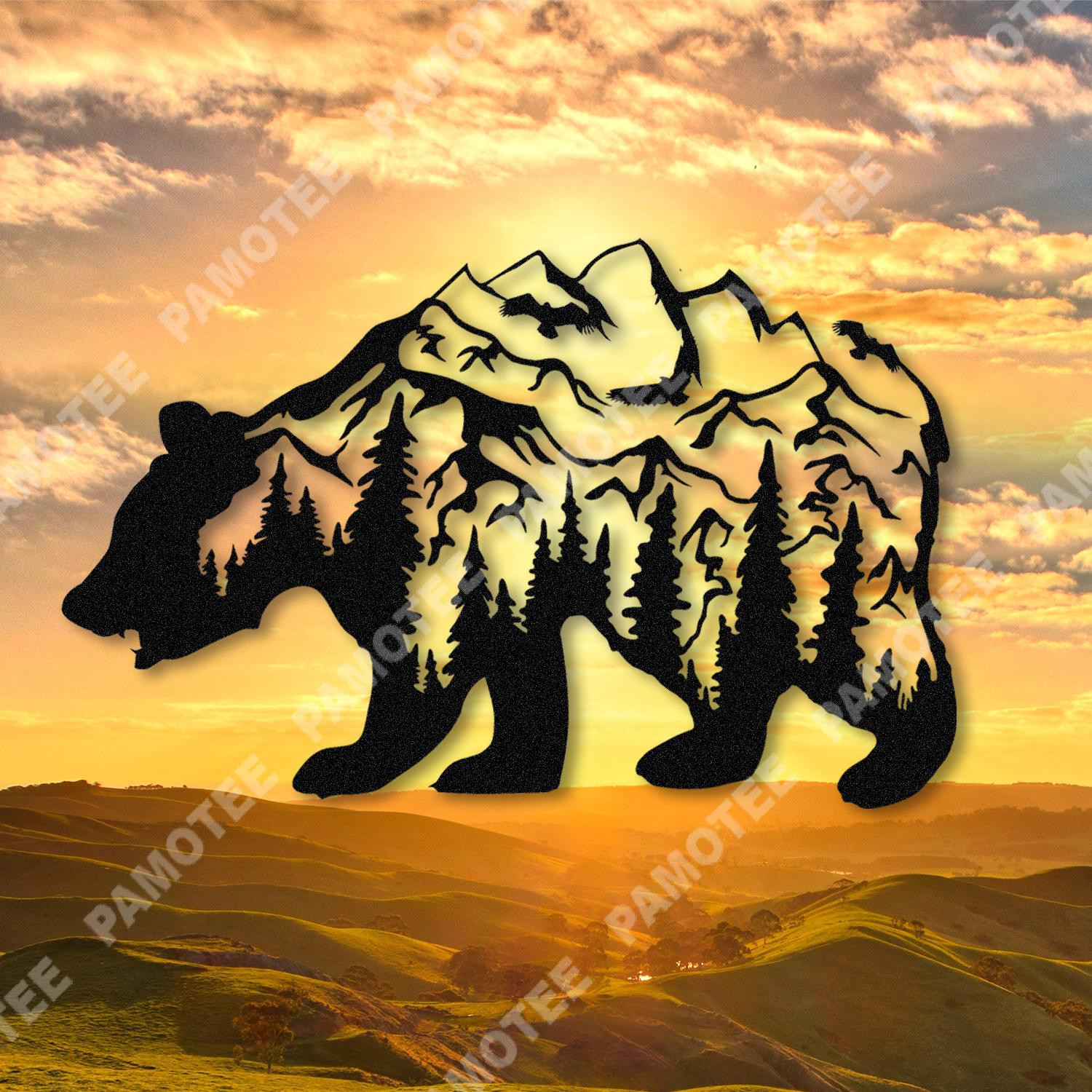 Bear And Mountain Metal Art, Gift For Him, Father's Day Gift, Metal Laser Cut Metal Signs Custom Gift Ideas 12x12IN