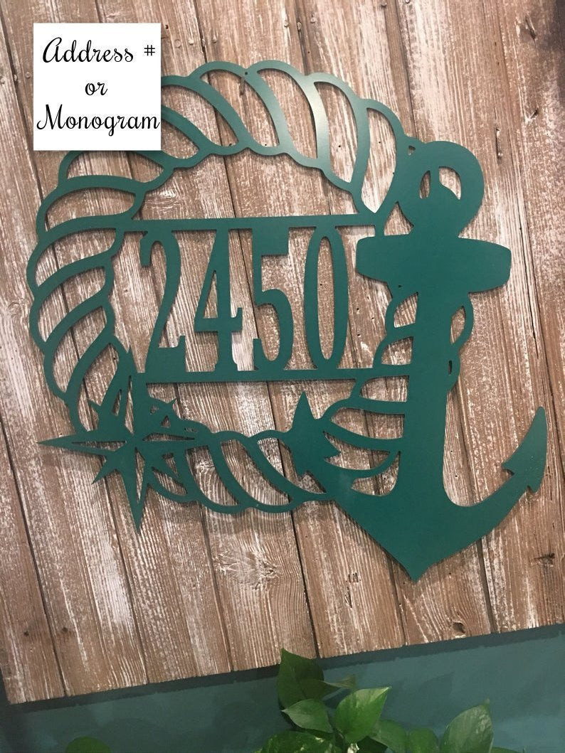 RosabellaPrint Nautical Decor Anchor Wall Hanger Custom, Personalized Monogram Or Address, Beach House Decor Sea Theme Gifts Laser Cut Metal Signs Custom Gift Ideas 14x14IN