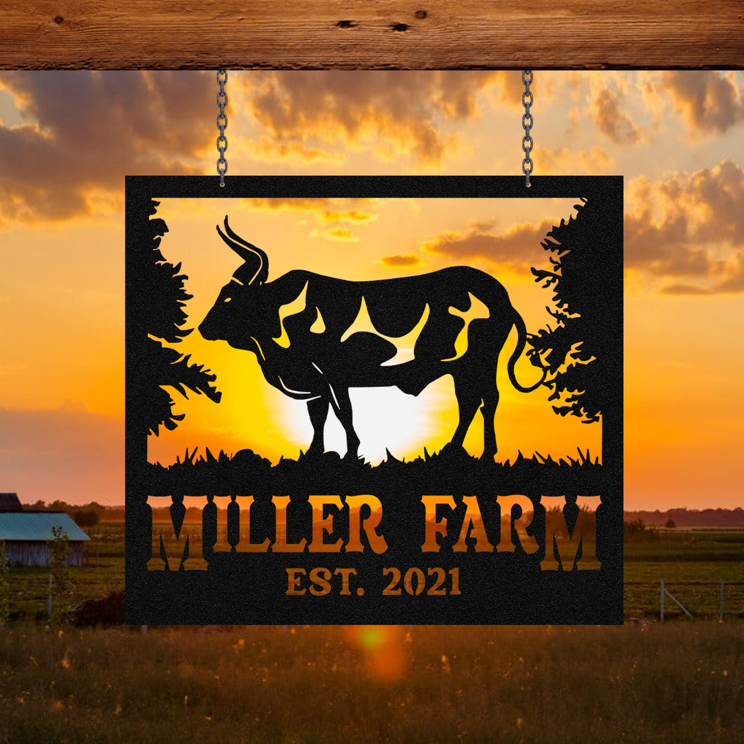 Personalized Metal Farm Sign Bull, Custom Outdoor Farmhouse, Ranch, Stable, Wall Decor Art Gift, Metal Laser Cut Metal Signs Custom Gift Ideas 14x14IN