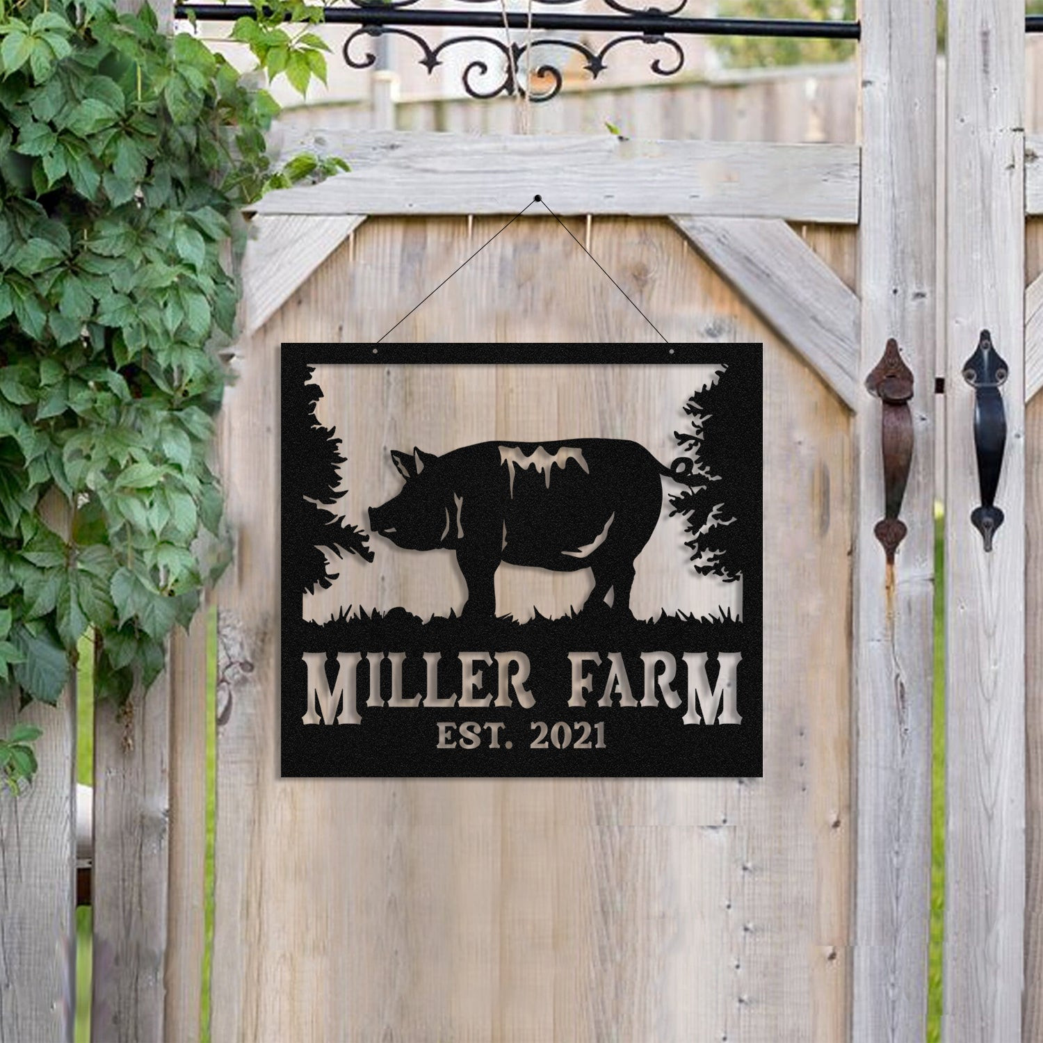 Metal Farm Sign Pig Monogram, Custom Outdoor Ranch, Barn, Front Gate, Wall Decor Art Gift, Metal Laser Cut Metal Signs Custom Gift Ideas 14x14IN