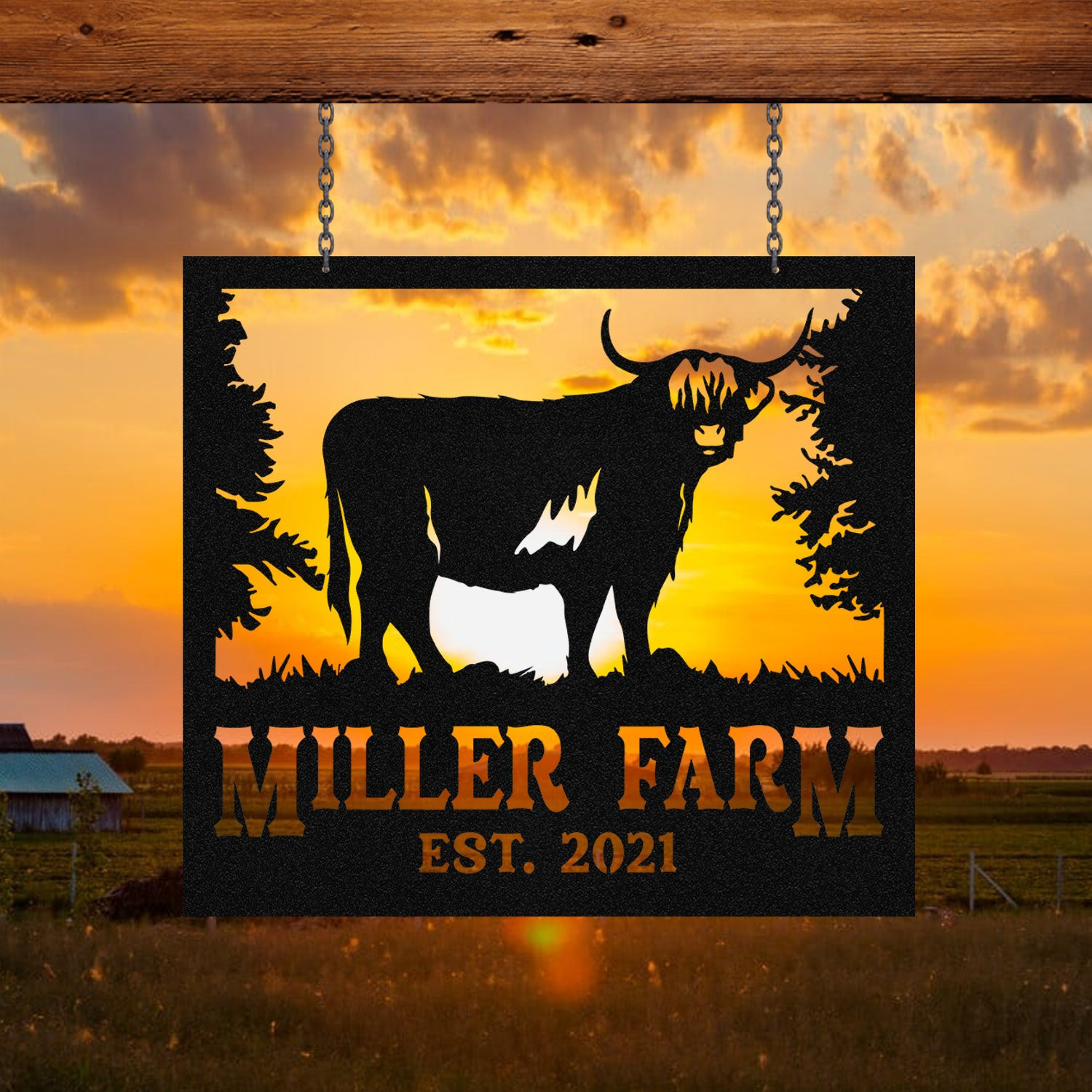 Personalized Metal Farm Sign Highland Cow Monogram, Custom Outdoor Farmhouse, Metal Laser Cut Metal Signs Custom Gift Ideas 14x14IN