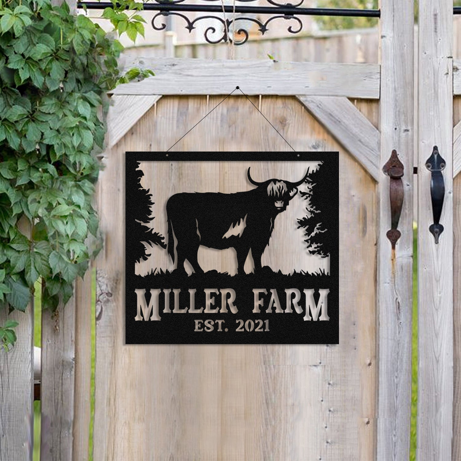 Personalized Metal Farm Sign Highland Cow Monogram, Custom Outdoor Farmhouse, Metal Laser Cut Metal Signs Custom Gift Ideas 12x12IN