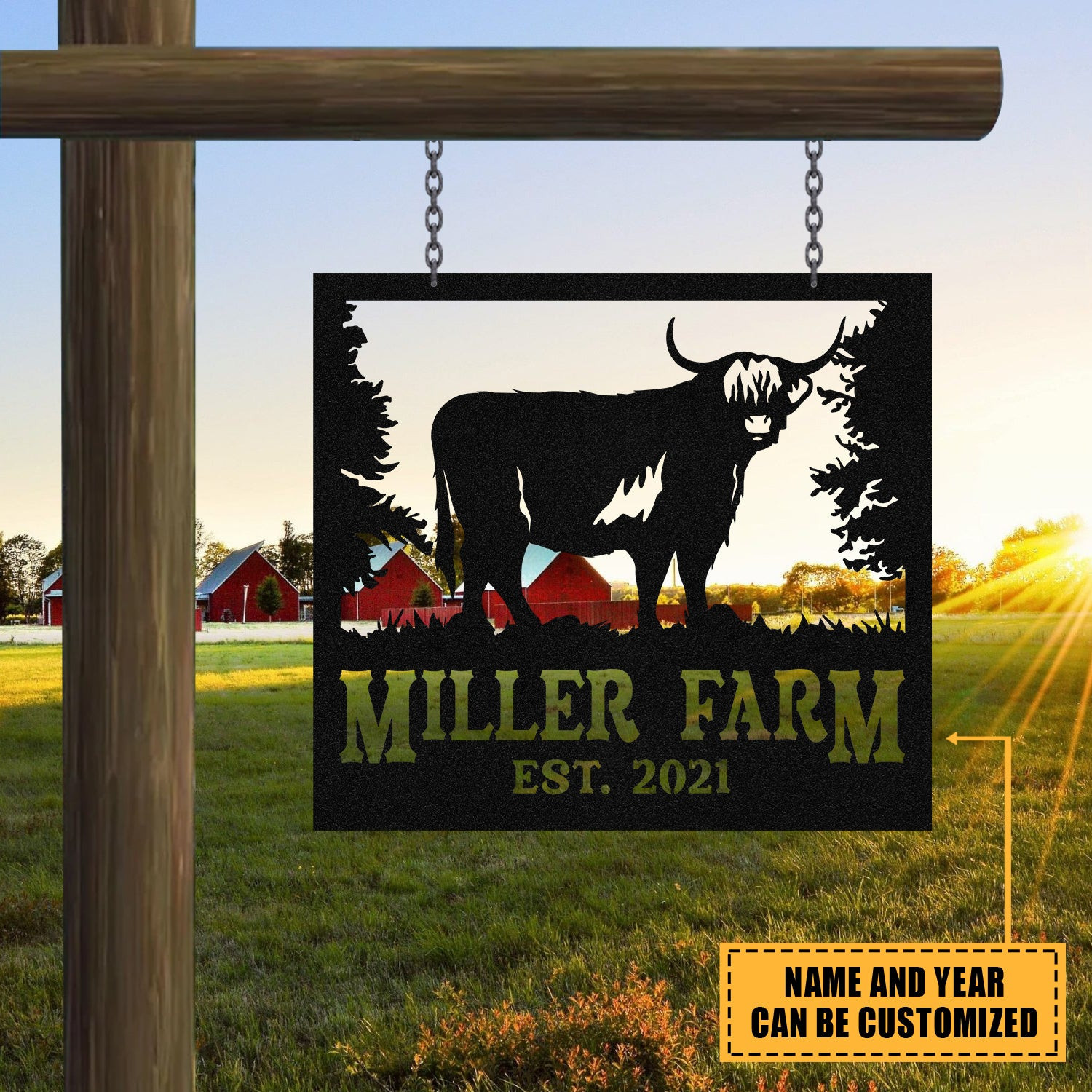 Personalized Metal Farm Sign Highland Cow Monogram, Custom Outdoor Farmhouse, Metal Laser Cut Metal Signs Custom Gift Ideas 18x18IN
