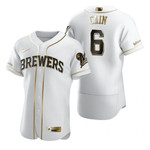 Milwaukee Brewers #6 Lorenzo Cain Mlb Golden Edition White Jersey Gift For Brewers Fans