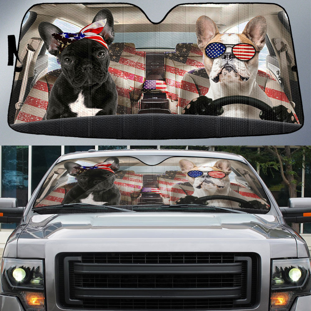 HOT French Bulldog American Flag Independence Day 3D Car Sunshade2