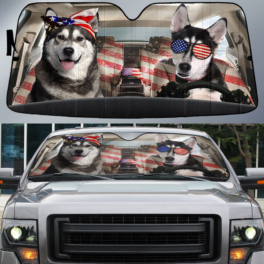 HOT Siberian Husky American Flag Independence Day 3D Car Sunshade2