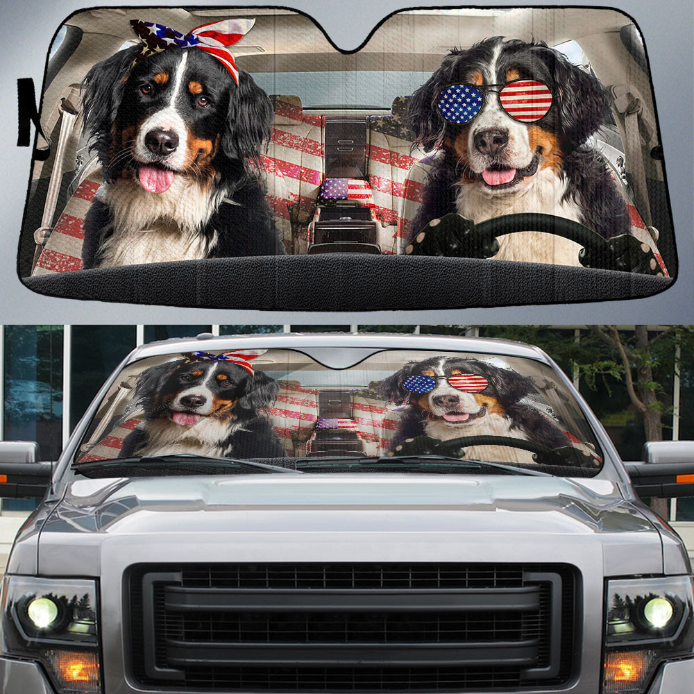 HOT Bernese Mountain Dog American Flag Independence Day 3D Car Sunshade2