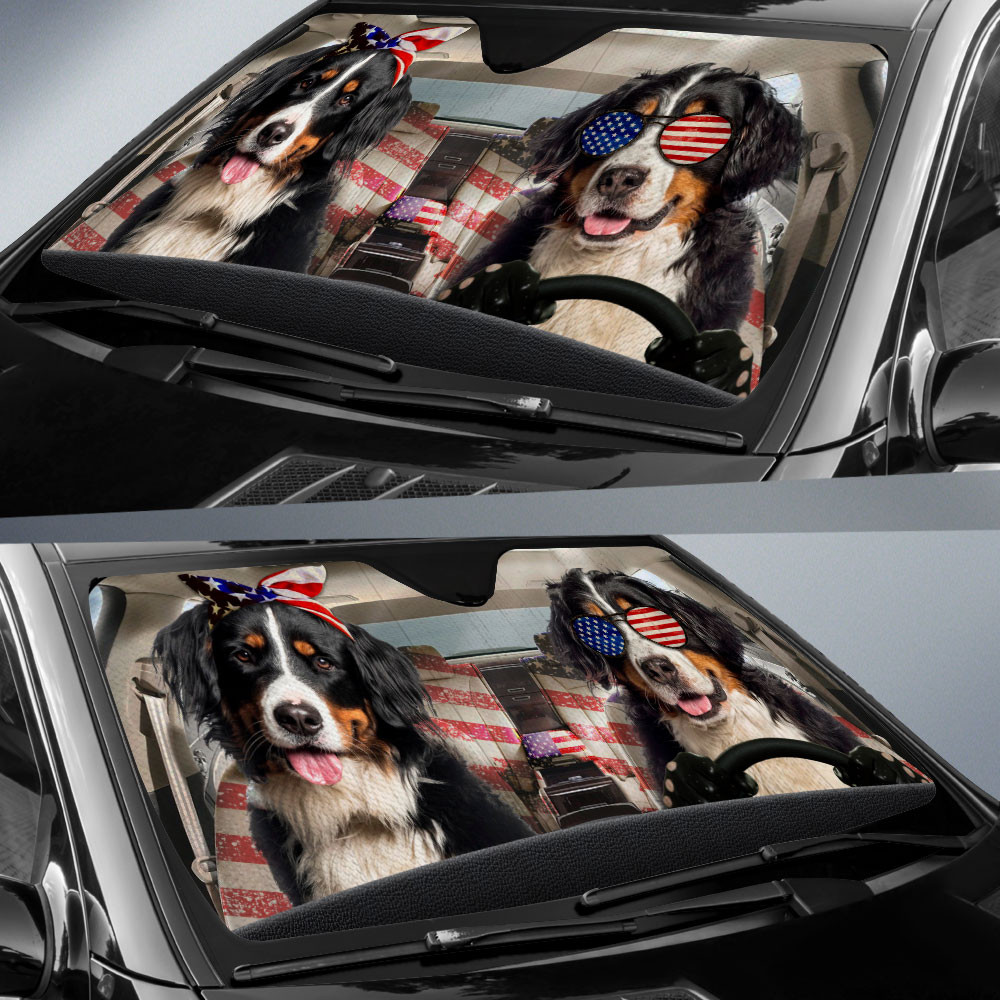 HOT Bernese Mountain Dog American Flag Independence Day 3D Car Sunshade1
