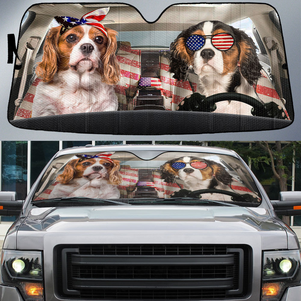 HOT Cavalier King Charles Spaniel American Flag Independence Day 3D Car Sunshade2