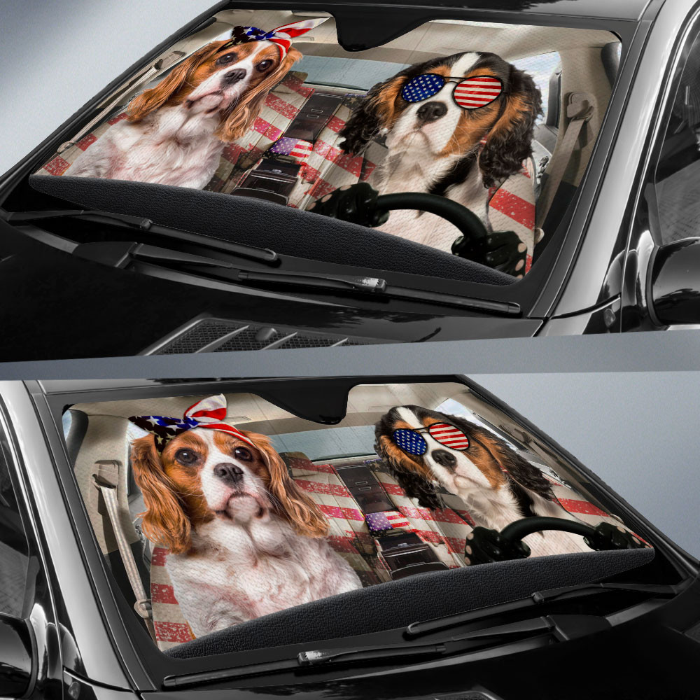 HOT Cavalier King Charles Spaniel American Flag Independence Day 3D Car Sunshade1