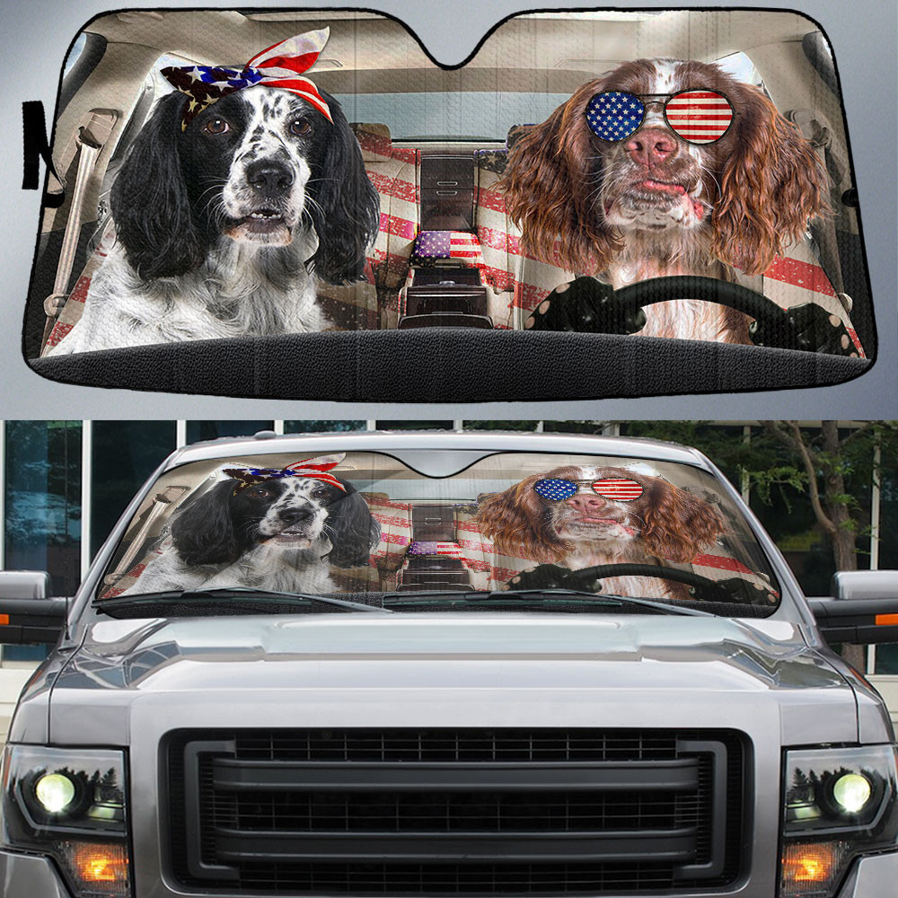 HOT English Springer Spaniel American Flag Independence Day 3D Car Sunshade2