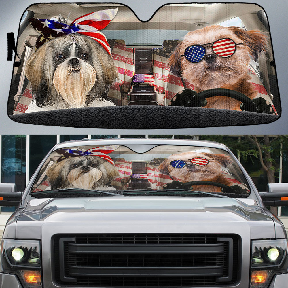 HOT Shih Tzu American Flag Independence Day 3D Car Sunshade2