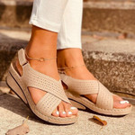 Slope Heel Sandals Women Wild Retro Thick Sole Hollow Velcro Strap Design