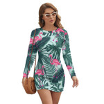 Flamingo Design Bodycon Dress Female Green Palm Leaf Print Trendy Dresses Spring Long Sleeve Simple Graphic Dress Big Size