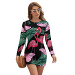 Flamingo Design Bodycon Dress Female Green Palm Leaf Print Trendy Dresses Spring Long Sleeve Simple Graphic Dress Big Size