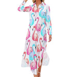 Pink Flamingo Print Chiffon Dress Sexy V Neck Chic Tropical Leaves Modern Dresses Woman Graphic Street Fashion Casual Dress