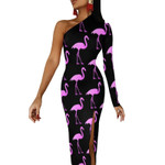 Funny Birds Print Bodycon Dress Spring Pink Flamingos Cute High Slit Long Dresses Women One Shoulder Graphic Street Style Dress