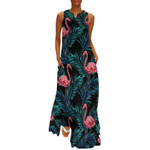 Flamingo Art Dress Summer Stripe and Leaf Print Aesthetic Casual Long Dresses Women Night Club Maxi Dress Birthday Gift