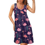 Pink Flamingos Dress Palm Leaf Pink Flower Sleeveless Modern Dresses Women O Neck Street Style Casual Dress Summer Print Clothes